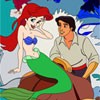 Color this cute picture of the little mermaid. Use the paintbrush to select colors and click on each section to paint in it. Color the various clothes, people, accessories, and hair of the characters to make them look their best.